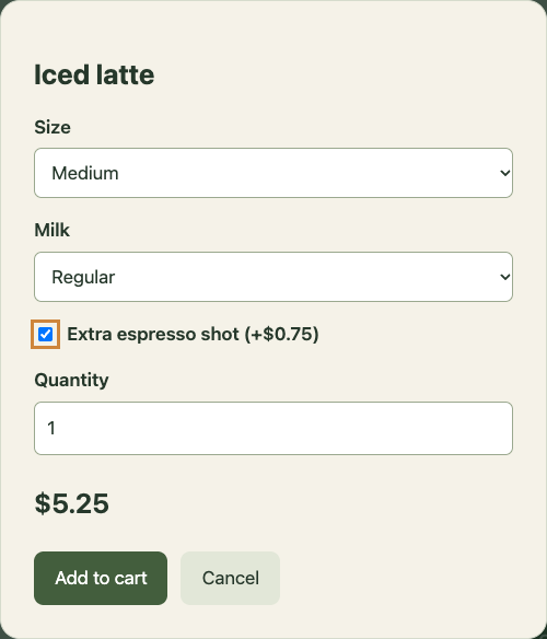 Figure 17.1. Staged TestBucks iced-latte customization: visible choices are evidence of presentation, not proof of the full keyboard journey or saved order state.