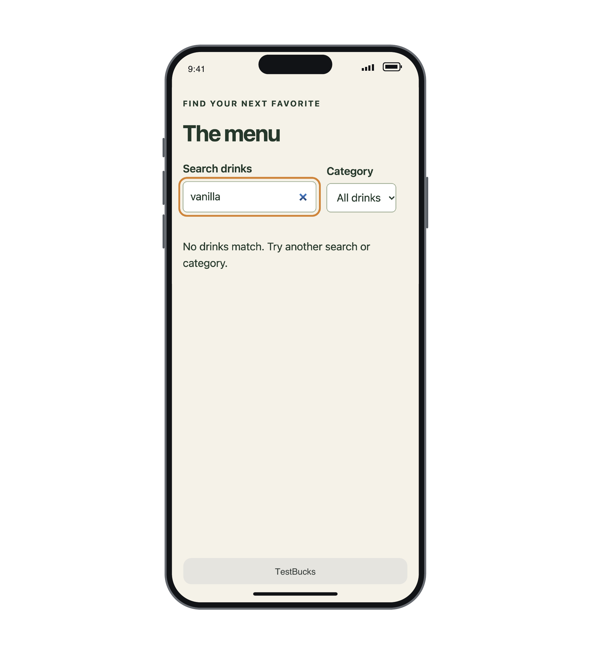 Figure 1.1. TestBucks menu, captured at a 390-pixel viewport and cropped to the menu region, shown in an illustrative iPhone frame. With the deliberately enabled search fault, vanilla returns no drinks. This is the local training app, not Starbucks; the frame is not evidence of an on-device test.