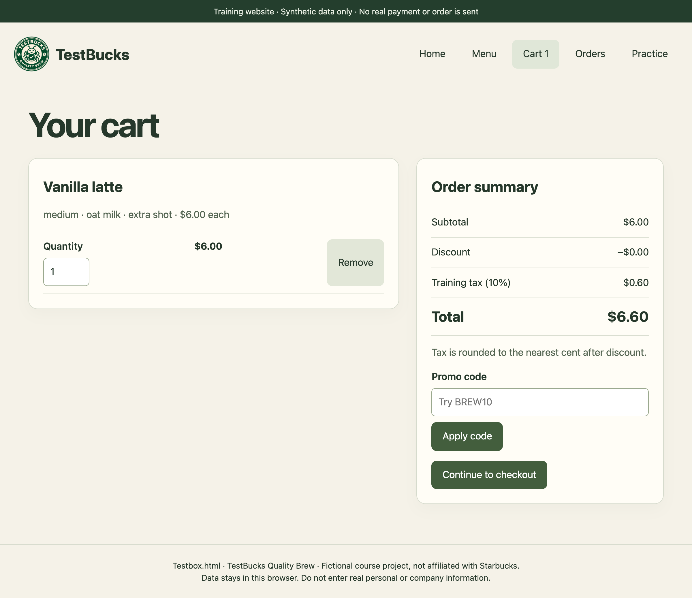 Figure Intro.2. The TestBucks cart after selecting the example drink. The image is a local UI capture; the accompanying agent response illustrates the report a reader should request.