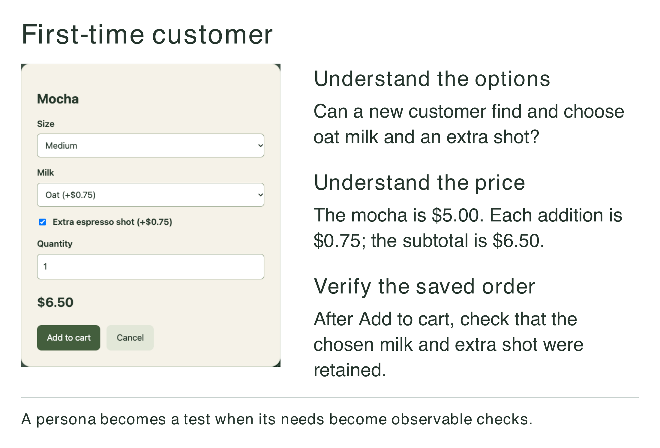 Figure 14.1a. First-time customer: options, price, and saved order.