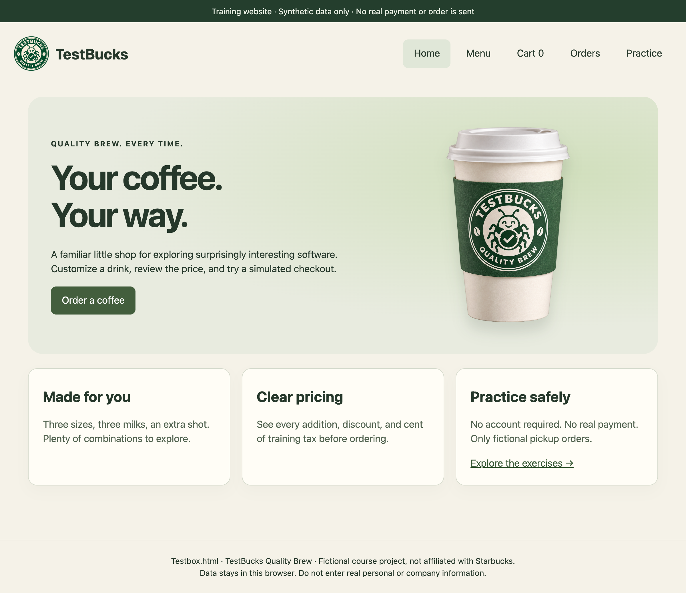 Figure Intro.1. Meet TestBucks: the fictional coffee shop we will test, using synthetic data and simulated orders.