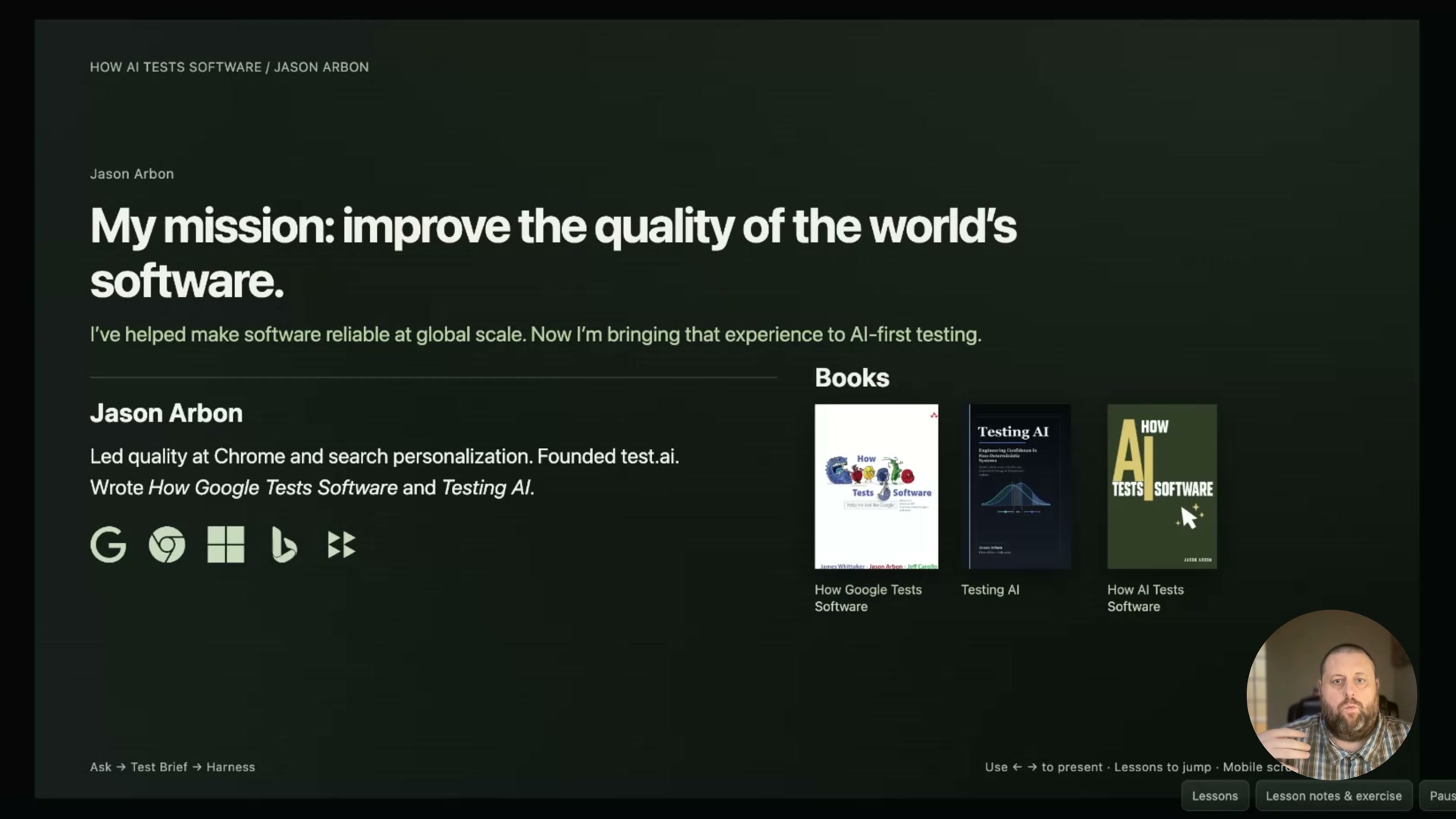 Welcome to How AI Tests Software: a frame from Jason's recorded lesson